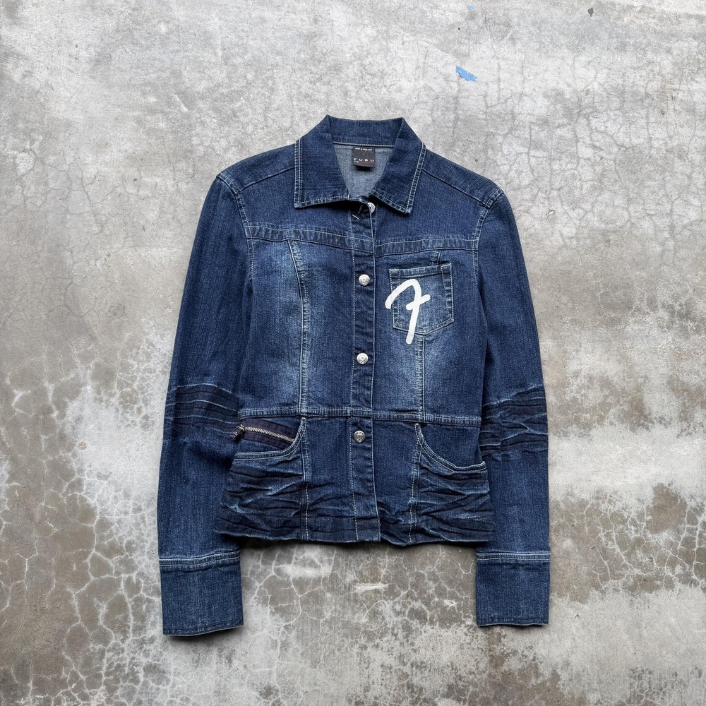 Vintage FUBU Denim Jacket Womens Small Blue Logo Hip Hop Streetwear 90s Y2K